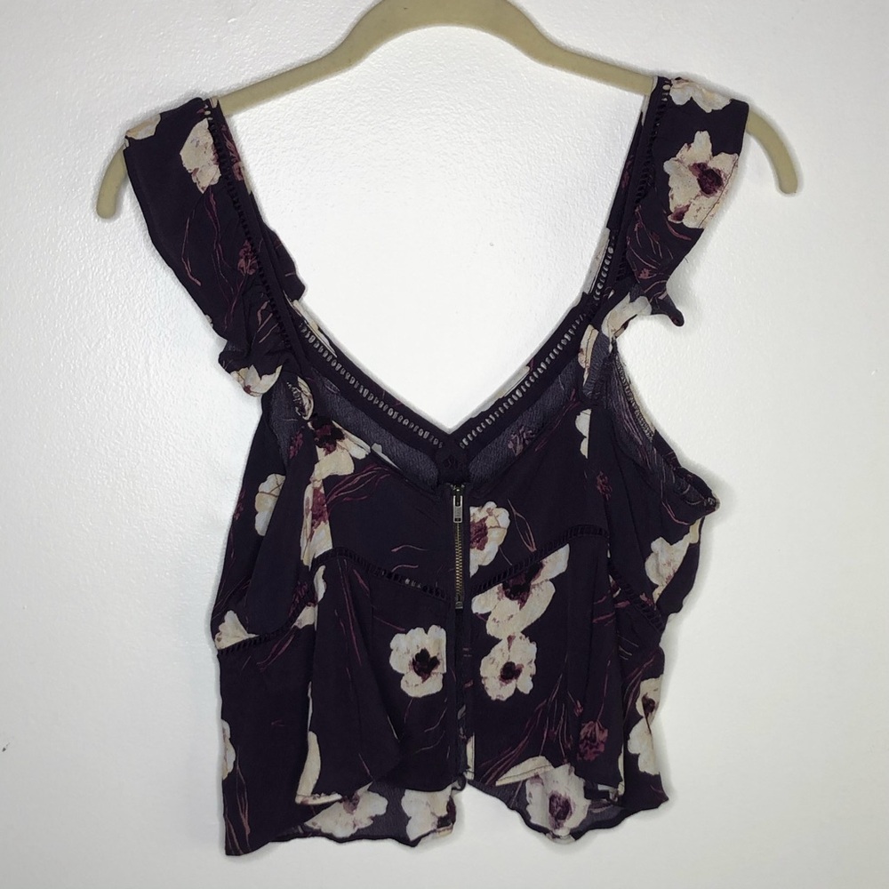 💜 Leith floral zip up ruffle flutter tank top crop top size large - Picture 6 of 8
